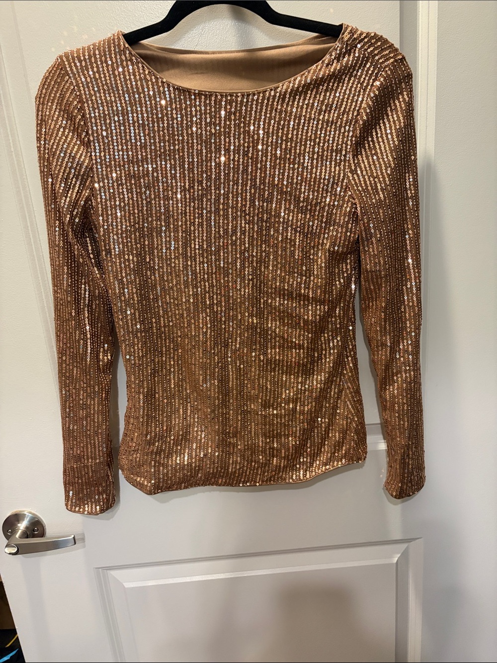 Sequin Long-Sleeve Crewneck Top in Rose Gold